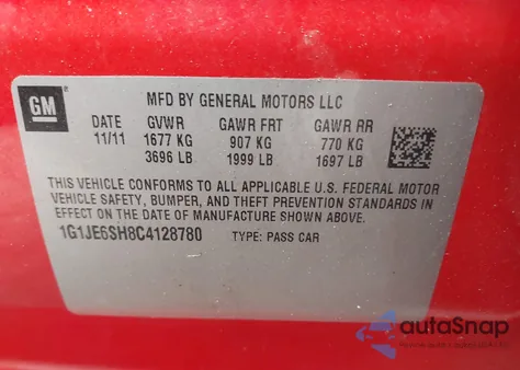 2012 Chevrolet Sonic 2Lz from USA, damaged, VIN 1G1JE6SH8C4128780